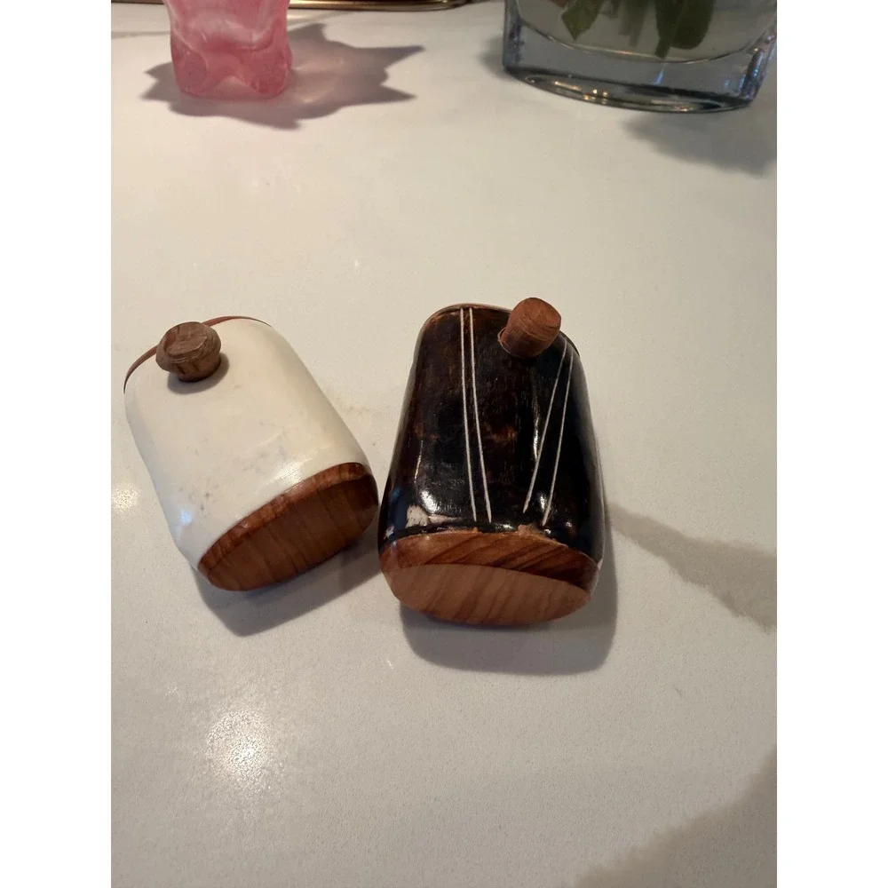 Tiki Face Salt and Pepper Shakers Brown White Hand Carved Wood Tropical Beach
